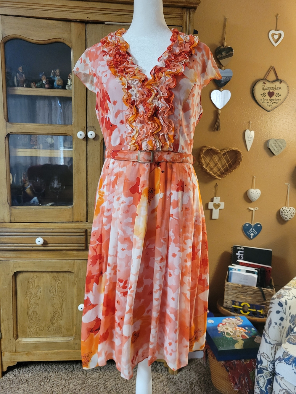 Floral Ruffle V-Neck Orange Midi Dress